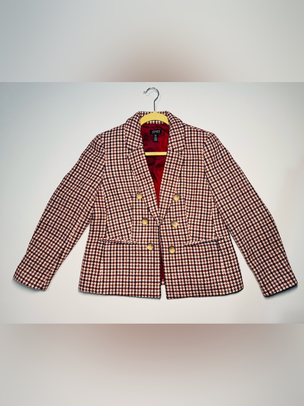 NWOT JONES NEW YORK Women Plaid Red Houndstooth Blazer Bordeaux Petite Med